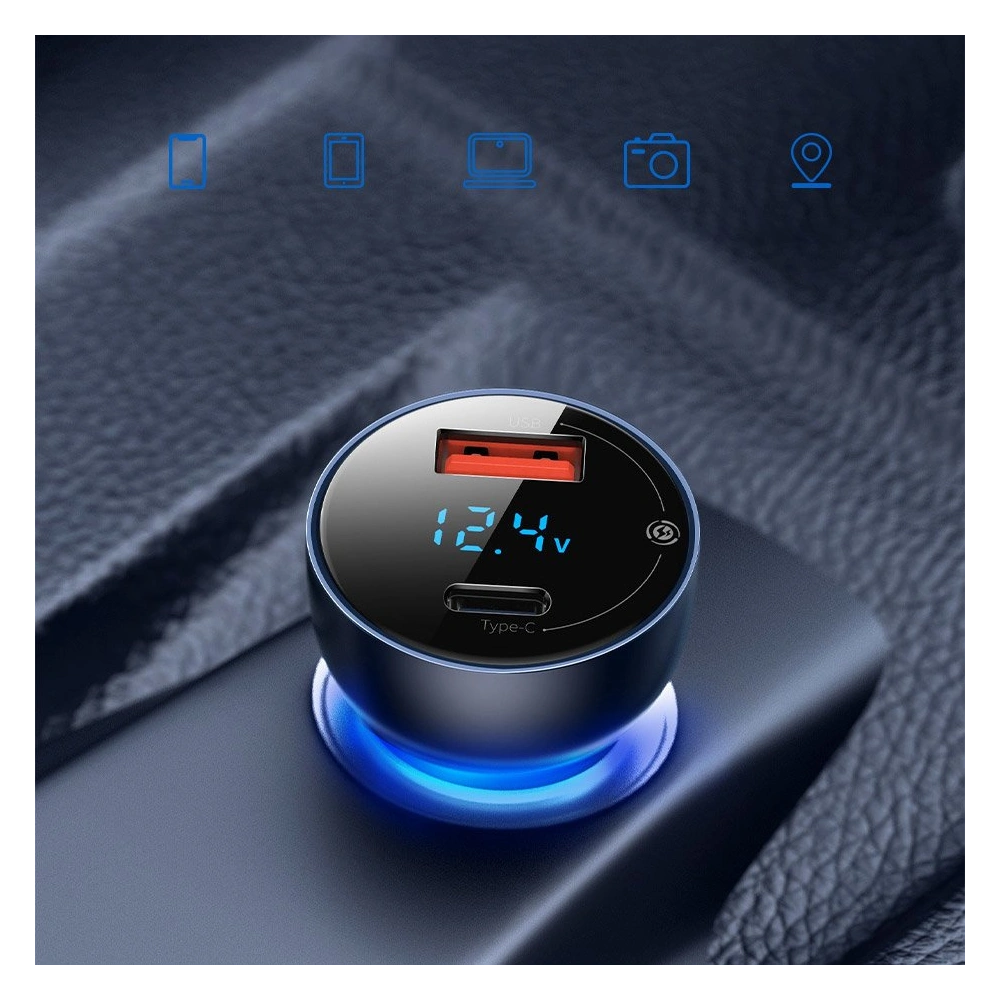Hurtownia GSM - Încărcător auto Baseus USB/USB-C 65W 5A SCP QC 4.0+ PD 3.0 ecran LCD + cablu USB-C/USB-C gri - BSU3585 - {ean13} - Hurt