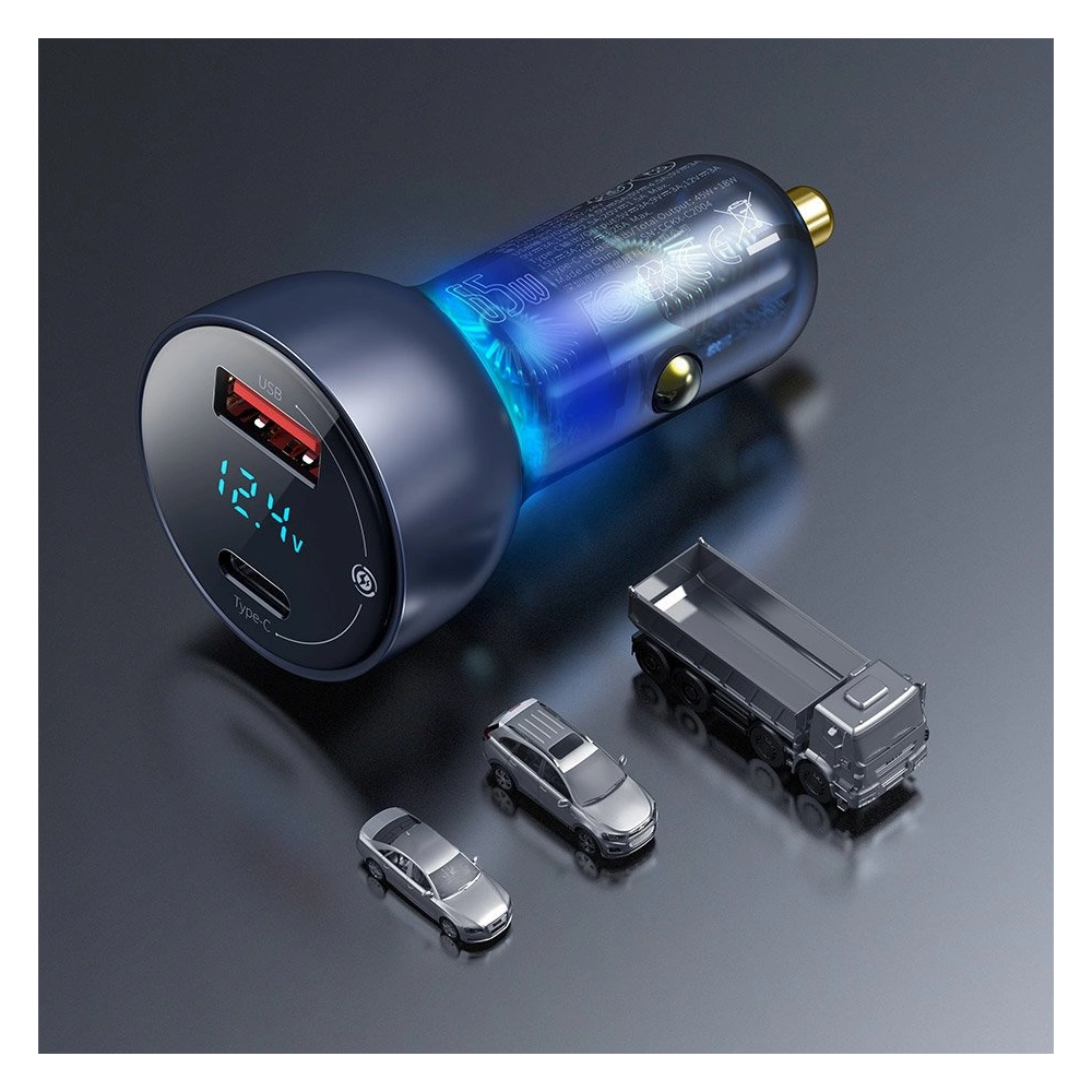 Hurtownia GSM - Autós töltő Baseus USB/USB-C 65W 5A SCP QC 4.0+ PD 3.0 LCD kijelzővel + USB-C/USB-C kábel szürke - BSU3585 - {ean13} - Hurt