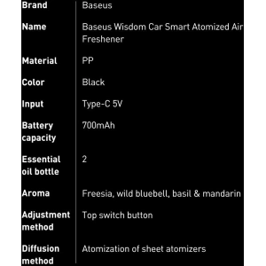 Wholesale Baseus car air freshener with atomizer black + 2 cartridges (Freesia + Basil with Mandarin) + USB-C charging cable 1m - BSU3590 - {ean13} - Hurt