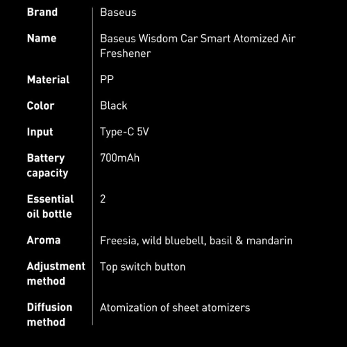 Samochodowy odświeżacz powietrza Baseus + 2 wkłady (Frezja + Bazylia z mandarynką) + kabel USB-C 1m czarny