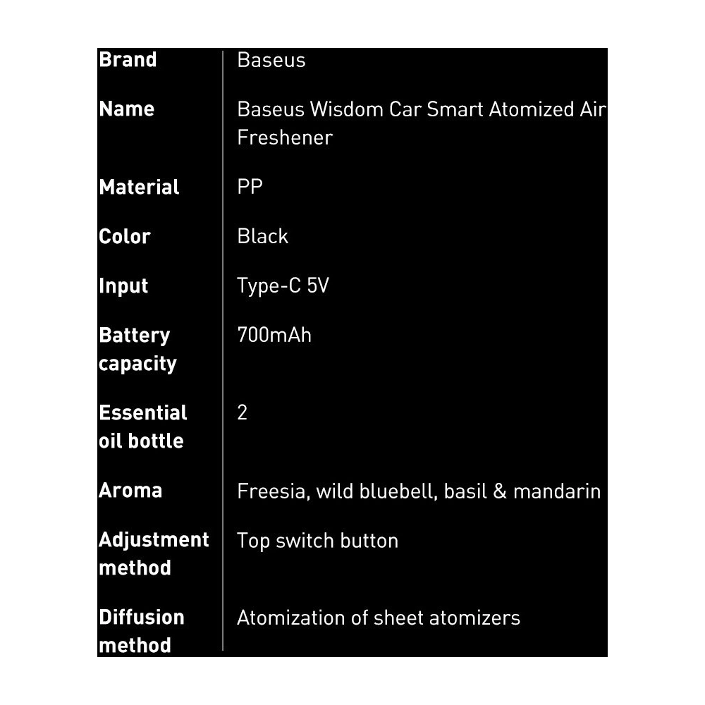 Wholesale Baseus car air freshener with atomizer black + 2 cartridges (Freesia + Basil with Mandarin) + USB-C charging cable 1m - BSU3590 - {ean13} - Hurt
