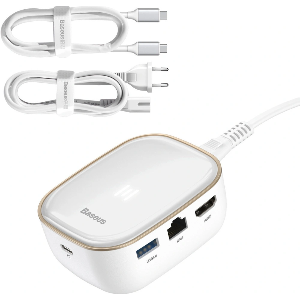 Wholesale Baseus multifunctional USB Type C HUB, memory card reader, external network card (USB 3.0, RJ45, HDMI, SD, micro SD) Power Delivery 60 W white - BSU3591 - {ean13} - Hurt