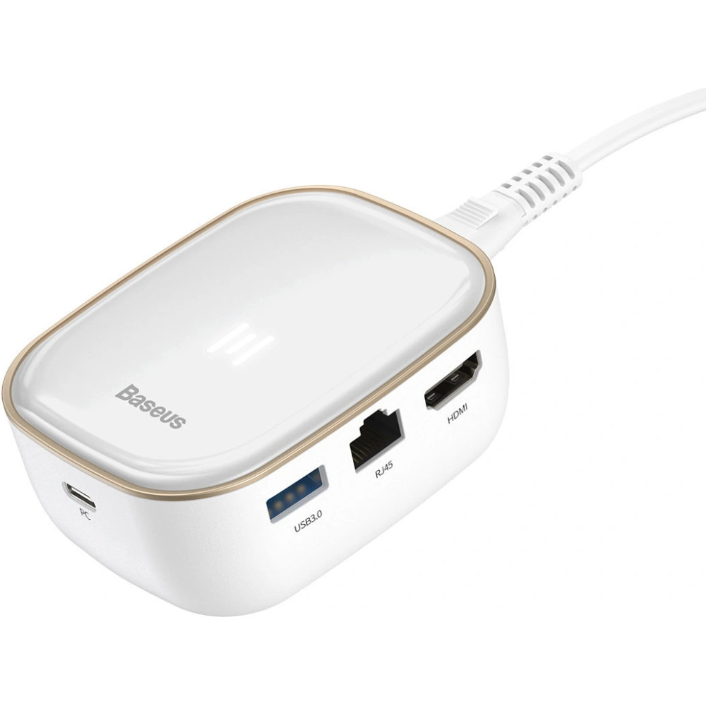 Wholesale Baseus multifunctional USB Type C HUB, memory card reader, external network card (USB 3.0, RJ45, HDMI, SD, micro SD) Power Delivery 60 W white - BSU3591 - {ean13} - Hurt