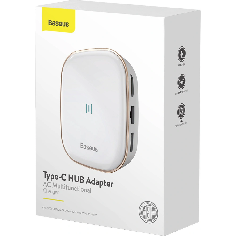Wholesale Baseus multifunctional USB Type C HUB, memory card reader, external network card (USB 3.0, RJ45, HDMI, SD, micro SD) Power Delivery 60 W white - BSU3591 - {ean13} - Hurt
