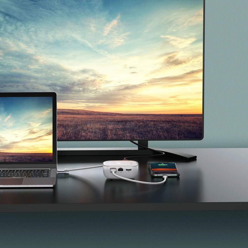 Hurtownia GSM - Hub Baseus 6in1 USB-C/čtečka paměťových karet/externí síťová karta/USB 3.0/RJ45/HDMI/SD/micro SD PD 60W bílý - BSU3591 - {ean13} - Hurt