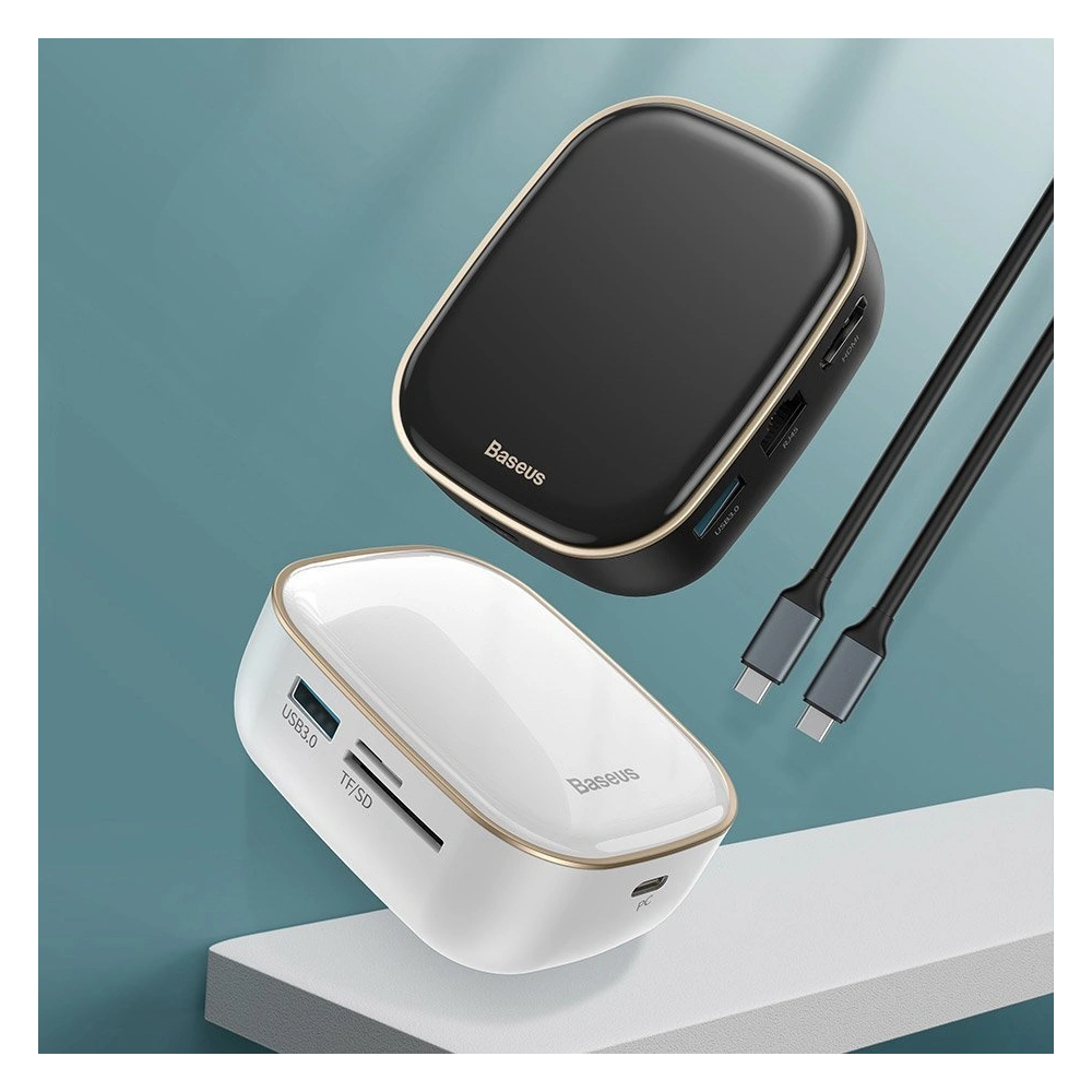 Wholesale Baseus multifunctional USB Type C HUB, memory card reader, external network card (USB 3.0, RJ45, HDMI, SD, micro SD) Power Delivery 60 W white - BSU3591 - {ean13} - Hurt