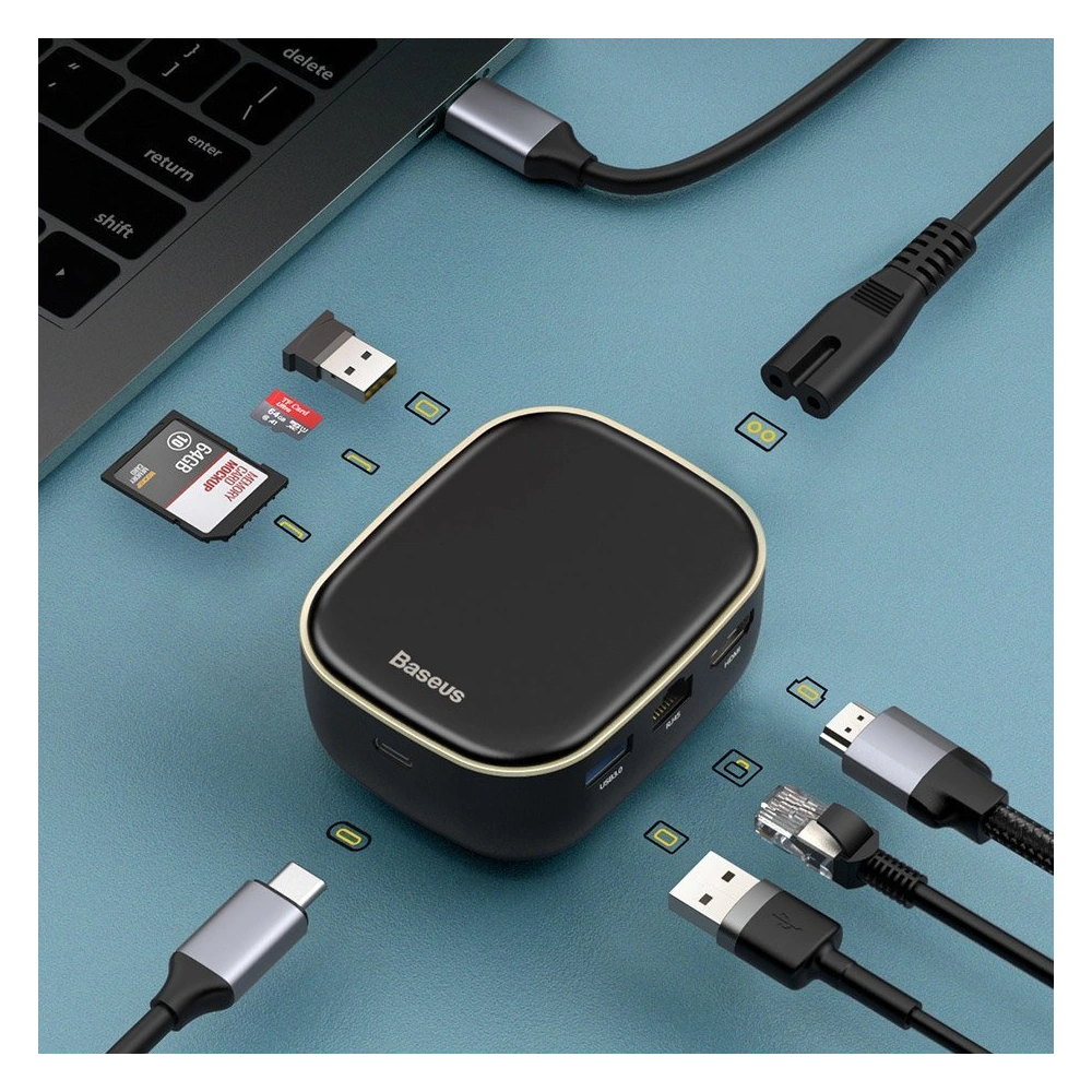 Wholesale Baseus multifunctional USB Type C HUB, memory card reader, external network card (USB 3.0, RJ45, HDMI, SD, micro SD) Power Delivery 60 W white - BSU3591 - {ean13} - Hurt