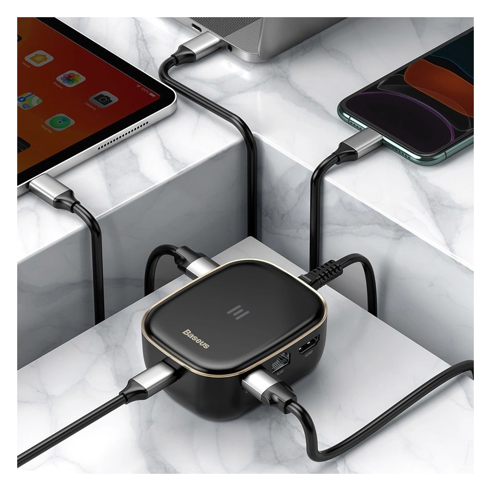 Hurtownia GSM - Hub Baseus 6in1 USB-C/čtečka paměťových karet/externí síťová karta/USB 3.0/RJ45/HDMI/SD/micro SD PD 60W bílý - BSU3591 - {ean13} - Hurt
