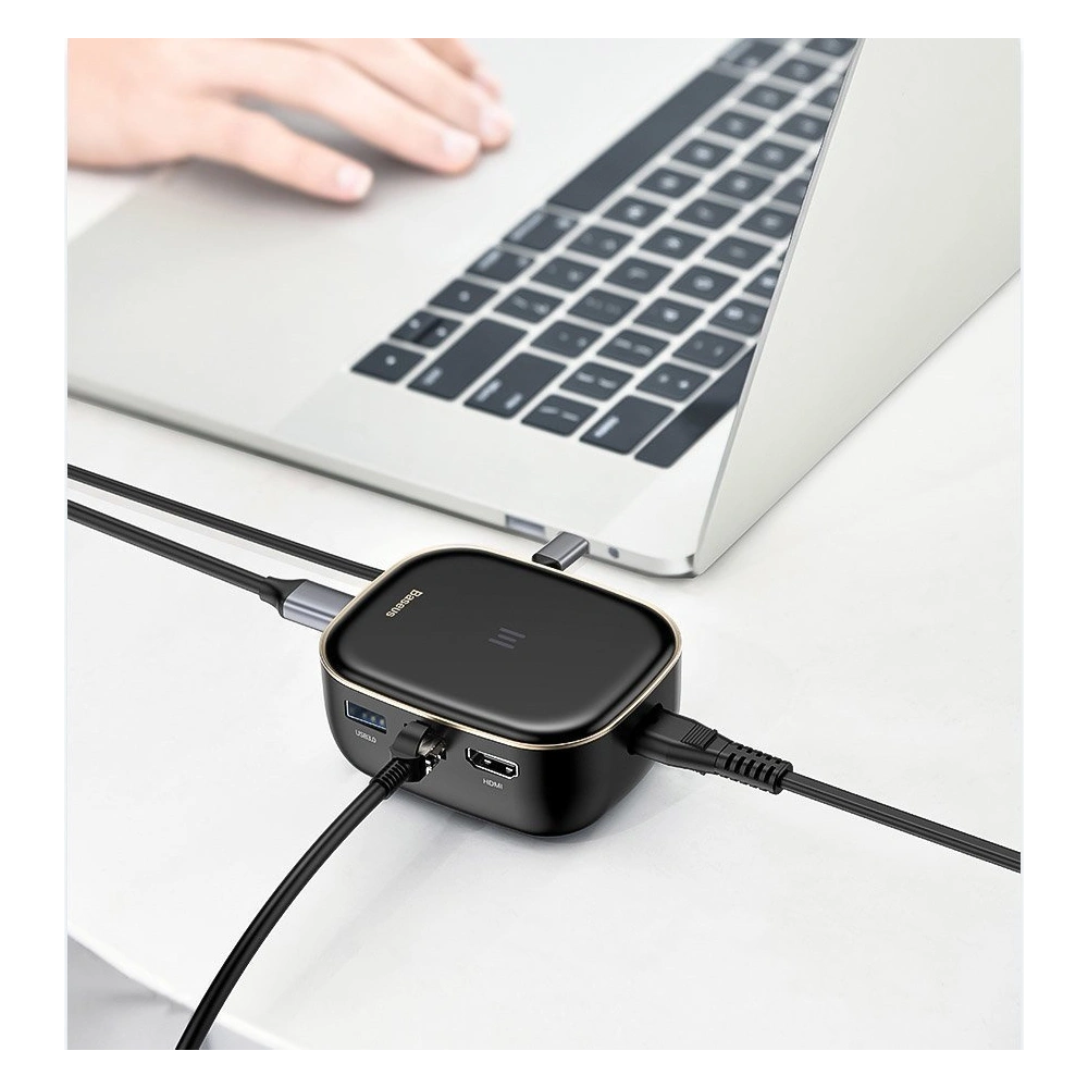 Wholesale Baseus multifunctional USB Type C HUB, memory card reader, external network card (USB 3.0, RJ45, HDMI, SD, micro SD) Power Delivery 60 W white - BSU3591 - {ean13} - Hurt