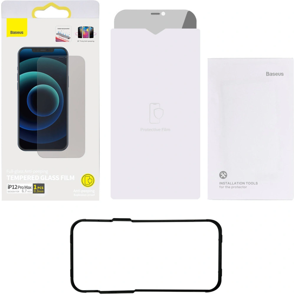 Wholesale Baseus Anti Spy Glass Apple iPhone 12 Pro Max Privacy with a cover for the loudspeaker + positioner (case friendly) - BSU3592 - {ean13} - Hurt