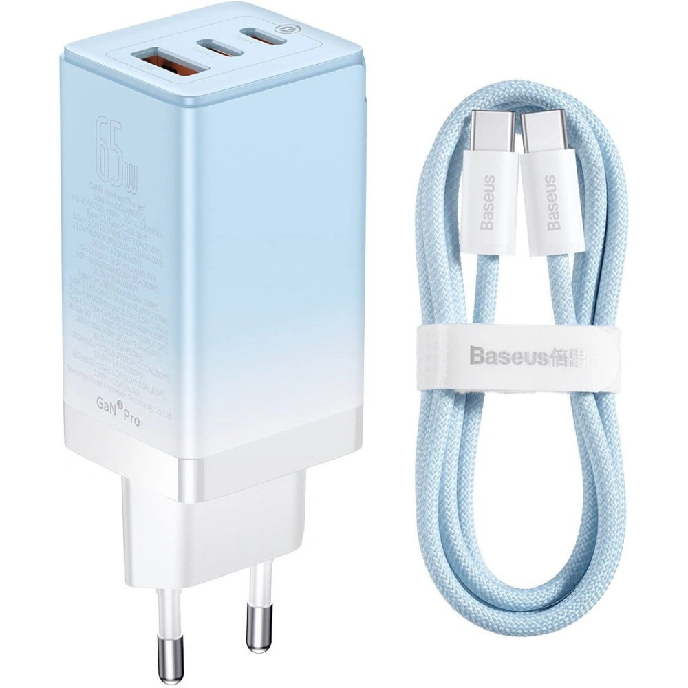 Hurtownia GSM - Încărcătorul de rețea GaN Baseus 2xUSB-C/USB 65W QC PD albastru + cablu USB-C 100W 1m albastru - BSU3598 - {ean13} - Hurt