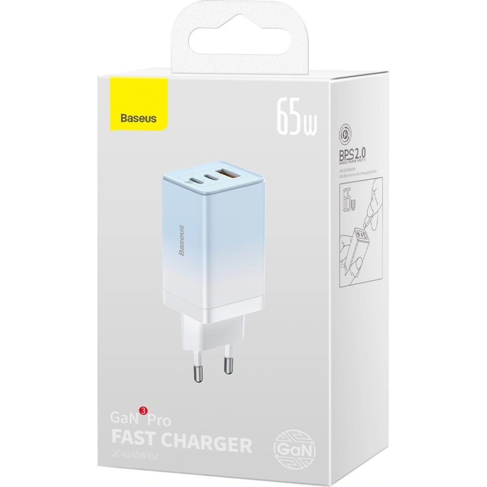 Hurtownia GSM - Încărcătorul de rețea GaN Baseus 2xUSB-C/USB 65W QC PD albastru + cablu USB-C 100W 1m albastru - BSU3598 - {ean13} - Hurt