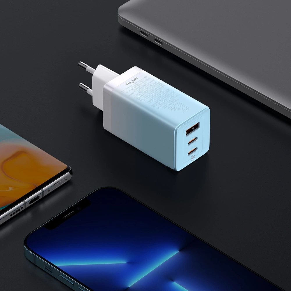 Hurtownia GSM - Încărcătorul de rețea GaN Baseus 2xUSB-C/USB 65W QC PD albastru + cablu USB-C 100W 1m albastru - BSU3598 - {ean13} - Hurt