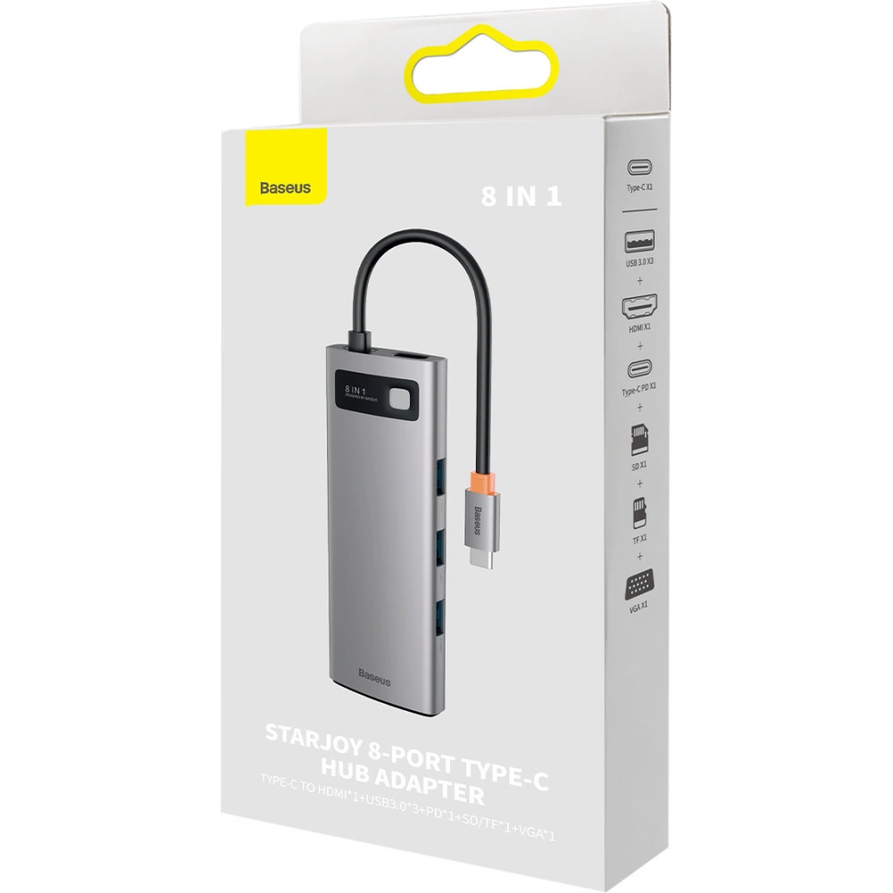 Wholesale Baseus Metal Gleam Series 8in1 HUB Docking Station USB-C - HDMI/3x USB 3.2 Gen.1/Power Delivery/SD card reader/TF card reader/VGA gray - BSU3599 - {ean13} - Hurt