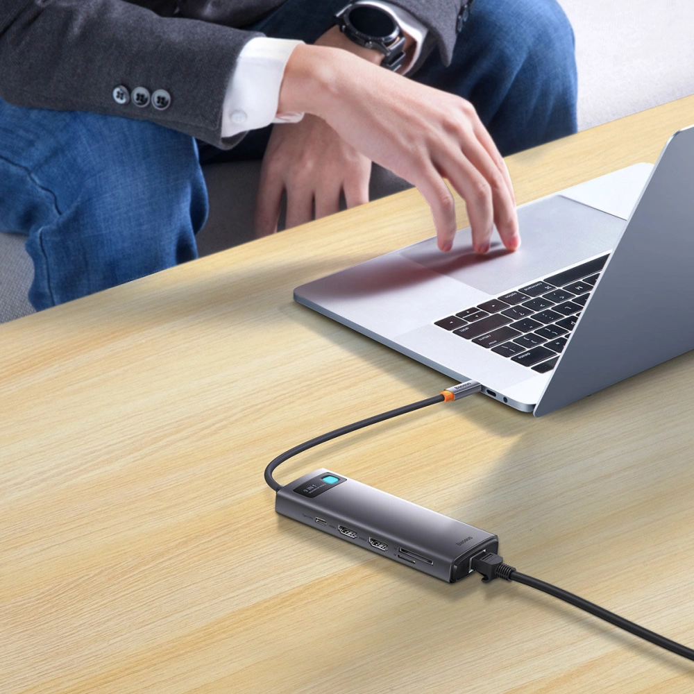 Wholesale Baseus Metal Gleam Series Docking Station HUB 9in1 USB-C - 2xHDMI/2xUSB 3.2 Gen. 1/USB 2.0/Power Delivery/SD card reader/TF card reader/RJ-45 gray - BSU3600 - {ean13} - Hurt