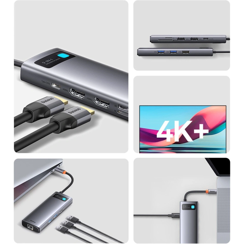 Hurtownia GSM - Hub Baseus Metal Gleam Series 9in1 USB-C - 2xHDMI/2xUSB 3.2 Gen. 1/USB 2.0/Power Delivery/SD-Kartenleser/TF-Kartenleser/RJ-45 grau - BSU3600 - {ean13} - Hurt