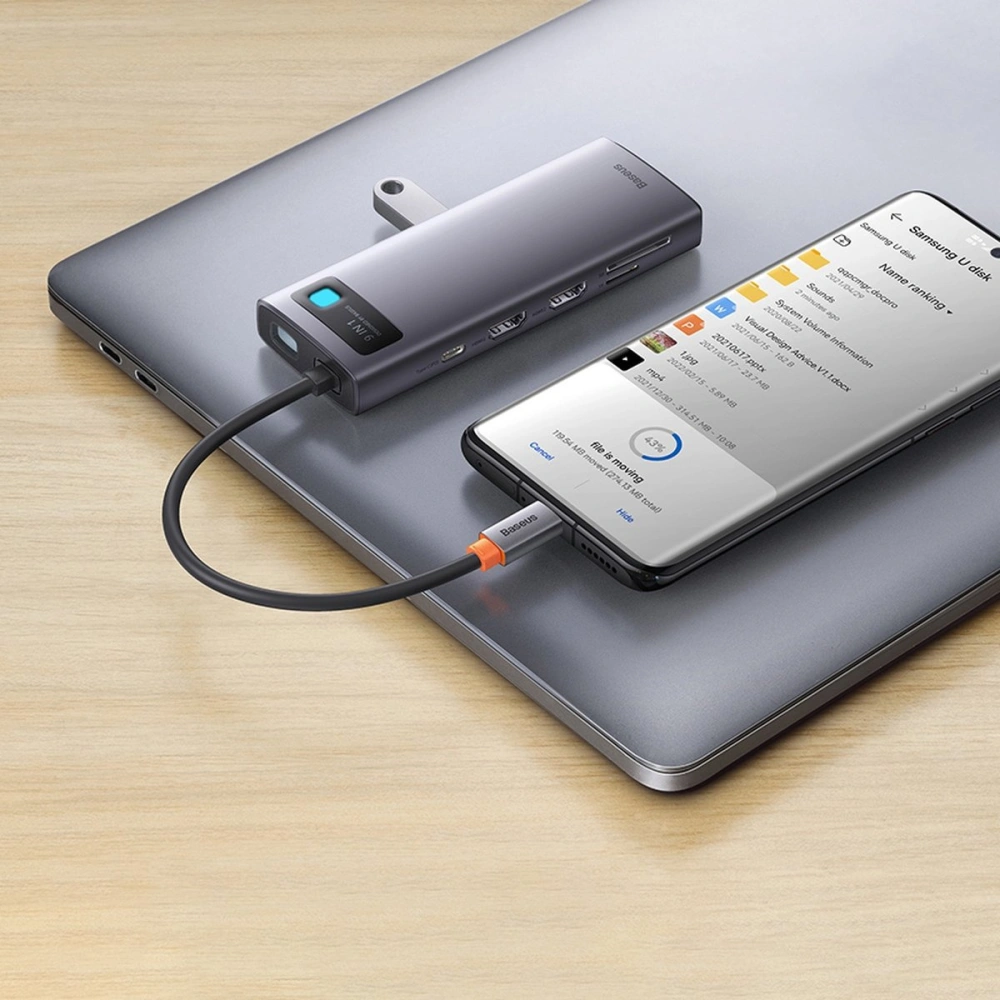 Wholesale Baseus Metal Gleam Series Docking Station HUB 9in1 USB-C - 2xHDMI/2xUSB 3.2 Gen. 1/USB 2.0/Power Delivery/SD card reader/TF card reader/RJ-45 gray - BSU3600 - {ean13} - Hurt