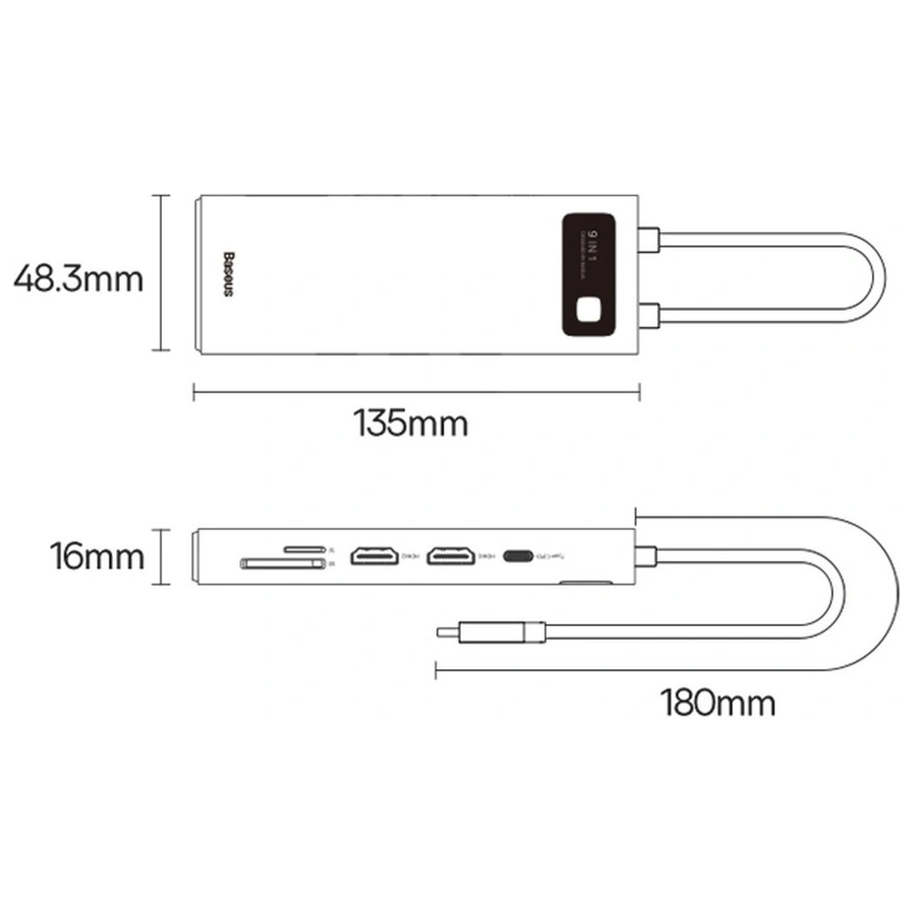 Wholesale Baseus Metal Gleam Series Docking Station HUB 9in1 USB-C - 2xHDMI/2xUSB 3.2 Gen. 1/USB 2.0/Power Delivery/SD card reader/TF card reader/RJ-45 gray - BSU3600 - {ean13} - Hurt