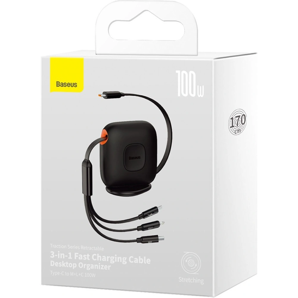 Hurtownia GSM - Zsinór hosszan húzható Baseus Traction Series 3in1 USB-C - microUSB/USB-C/Lightning Power Delivery 100W 1,7m fekete - BSU3603 - {ean13} - Hurt