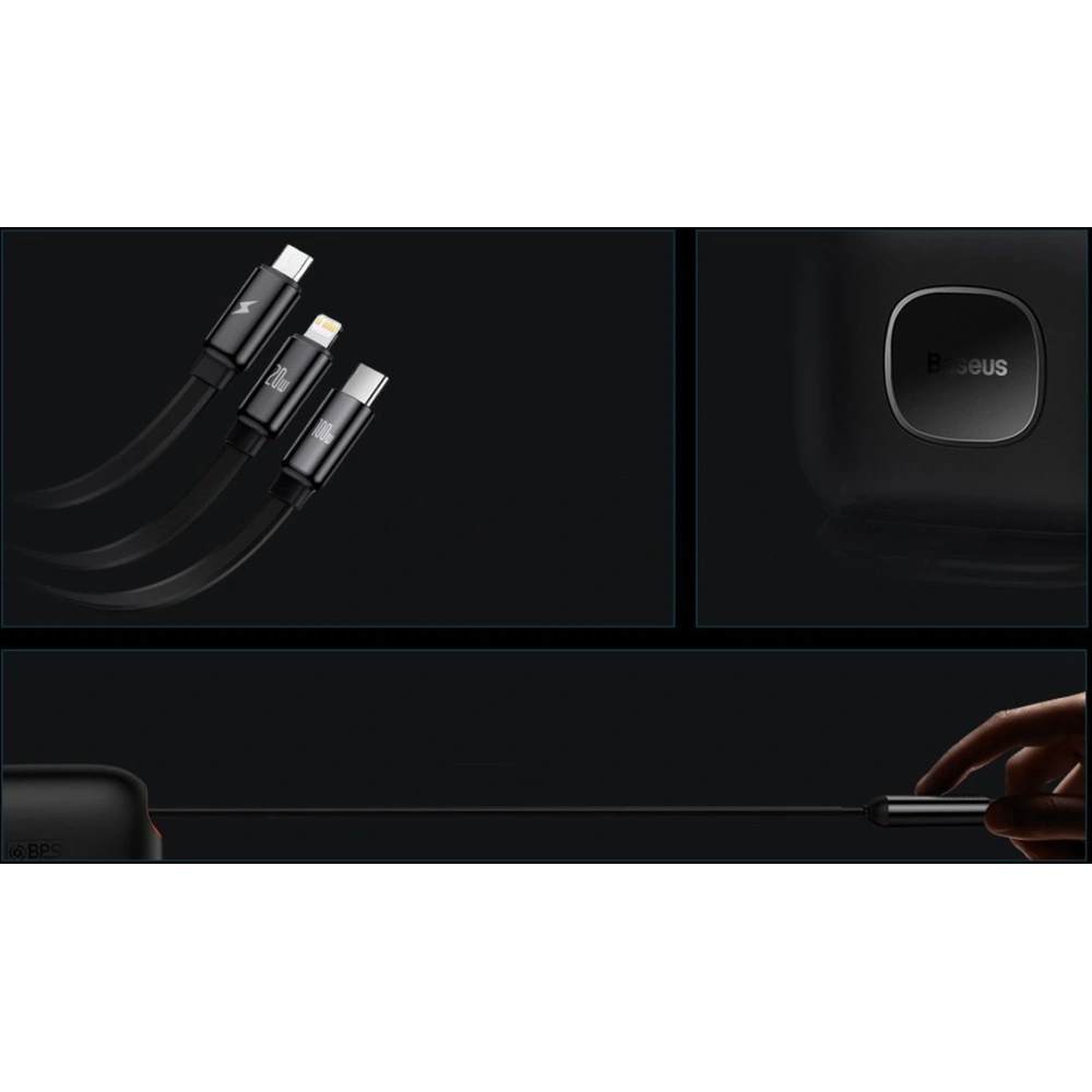 Wholesale Baseus Traction Series Retractable Cable 3in1 USB-C - microUSB/USB-C/Lightning Power Delivery 100W 1,7m black - BSU3603 - {ean13} - Hurt