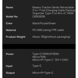Kabel zwijany Baseus Traction Series 3in1 USB-C - microUSB/USB-C/Lightning Power Delivery 100W 1,7m czarny