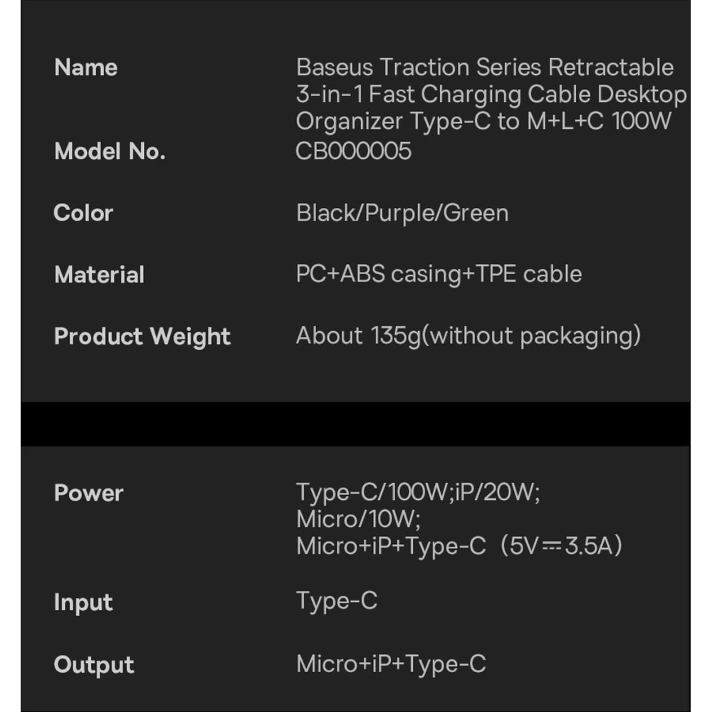 Hurtownia GSM - Cablul retractabil Baseus Traction Series 3in1 USB-C - microUSB/USB-C/Lightning Power Delivery 100W 1,7m negru - BSU3603 - {ean13} - Hurt