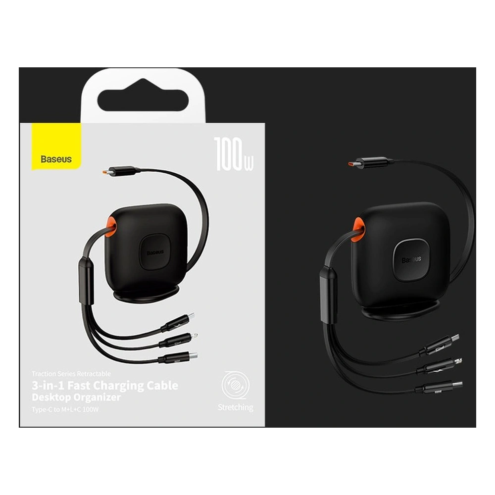 Hurtownia GSM - Zsinór hosszan húzható Baseus Traction Series 3in1 USB-C - microUSB/USB-C/Lightning Power Delivery 100W 1,7m fekete - BSU3603 - {ean13} - Hurt