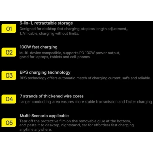Kabel zwijany Baseus Traction Series 3in1 USB-C - microUSB/USB-C/Lightning Power Delivery 100W 1,7m czarny