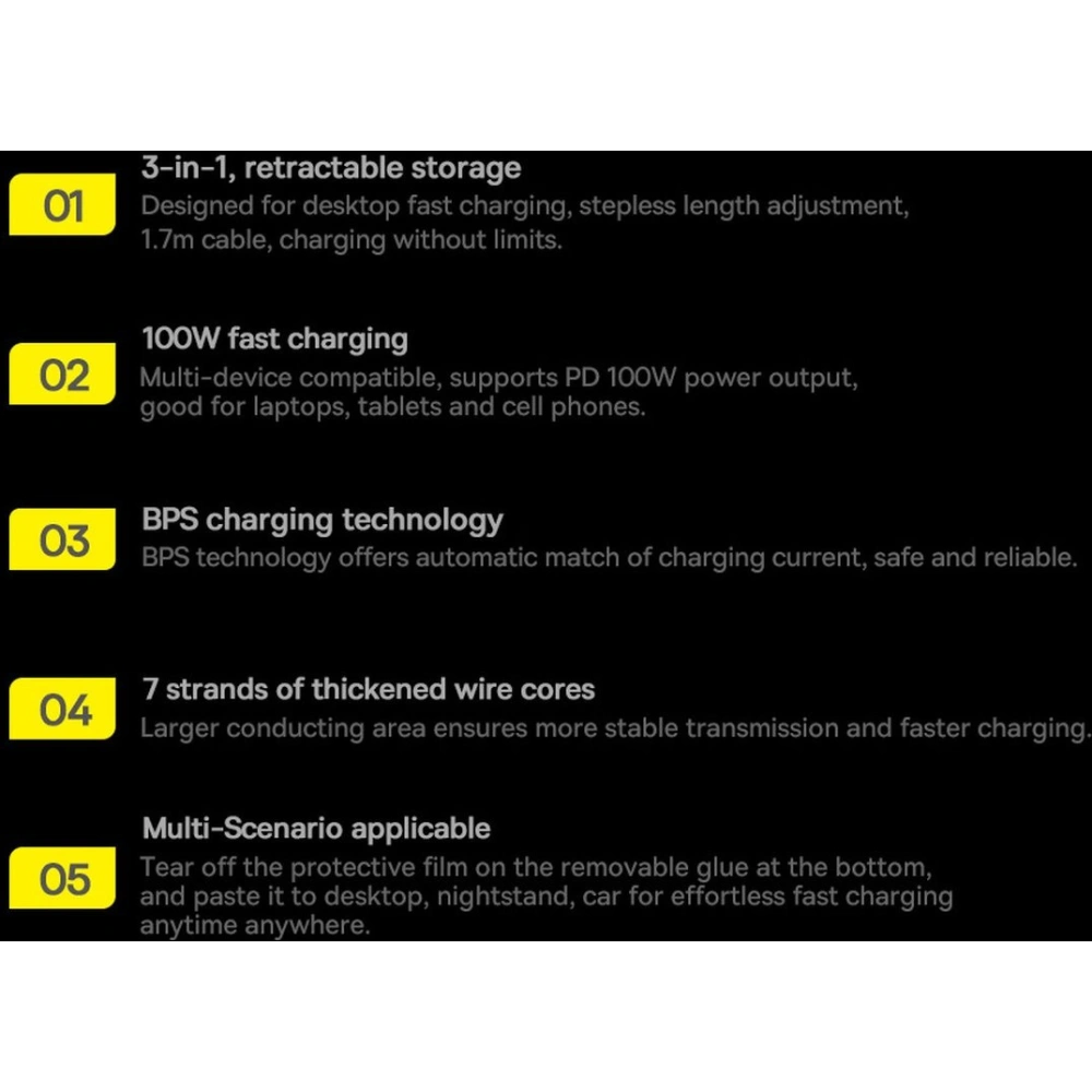 Hurtownia GSM - Zsinór hosszan húzható Baseus Traction Series 3in1 USB-C - microUSB/USB-C/Lightning Power Delivery 100W 1,7m fekete - BSU3603 - {ean13} - Hurt