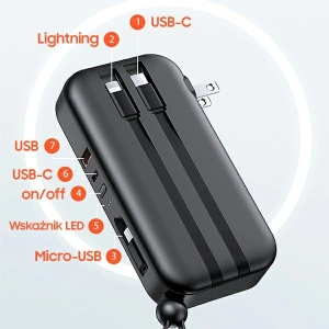Powerbank USAMS PB63 3in1 10000mAh 20W QC US+EU Plug + kabel USB-C/Lightning/MicroUSB czarny/black 10KCD17201