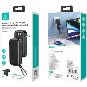 Powerbank USAMS PB63 3in1 10000mAh 20W QC US+EU Plug + kabel USB-C/Lightning/MicroUSB czarny/black 10KCD17201