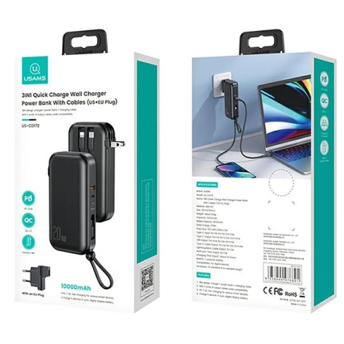 Powerbank USAMS PB63 3in1 10000mAh 20W QC US+EU Plug + kabel USB-C/Lightning/MicroUSB czarny/black 10KCD17201