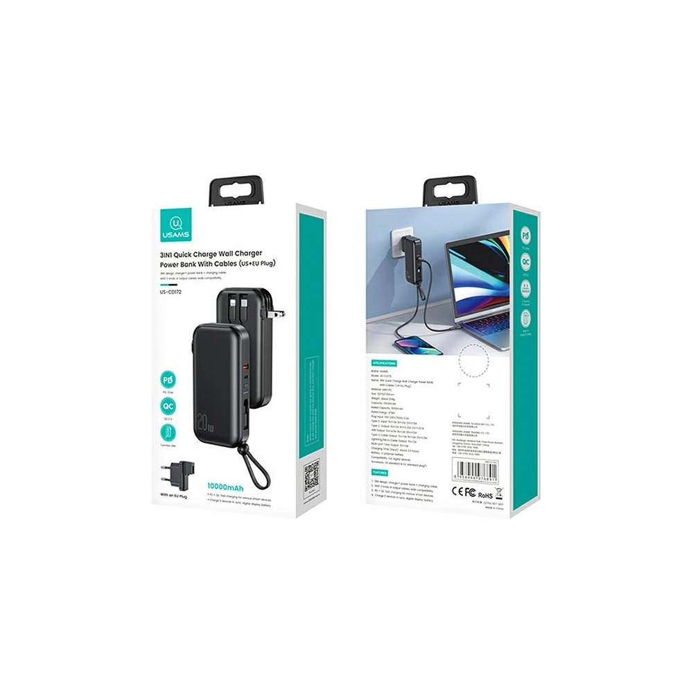 Hurtownia GSM - Powerbank USAMS PB63 3v1 10000mAh 20W QC US+EU zástrčka + kabel USB-C/Lightning/MicroUSB černý/black 10KCD17201 - USA789 - {ean13} - Hurt