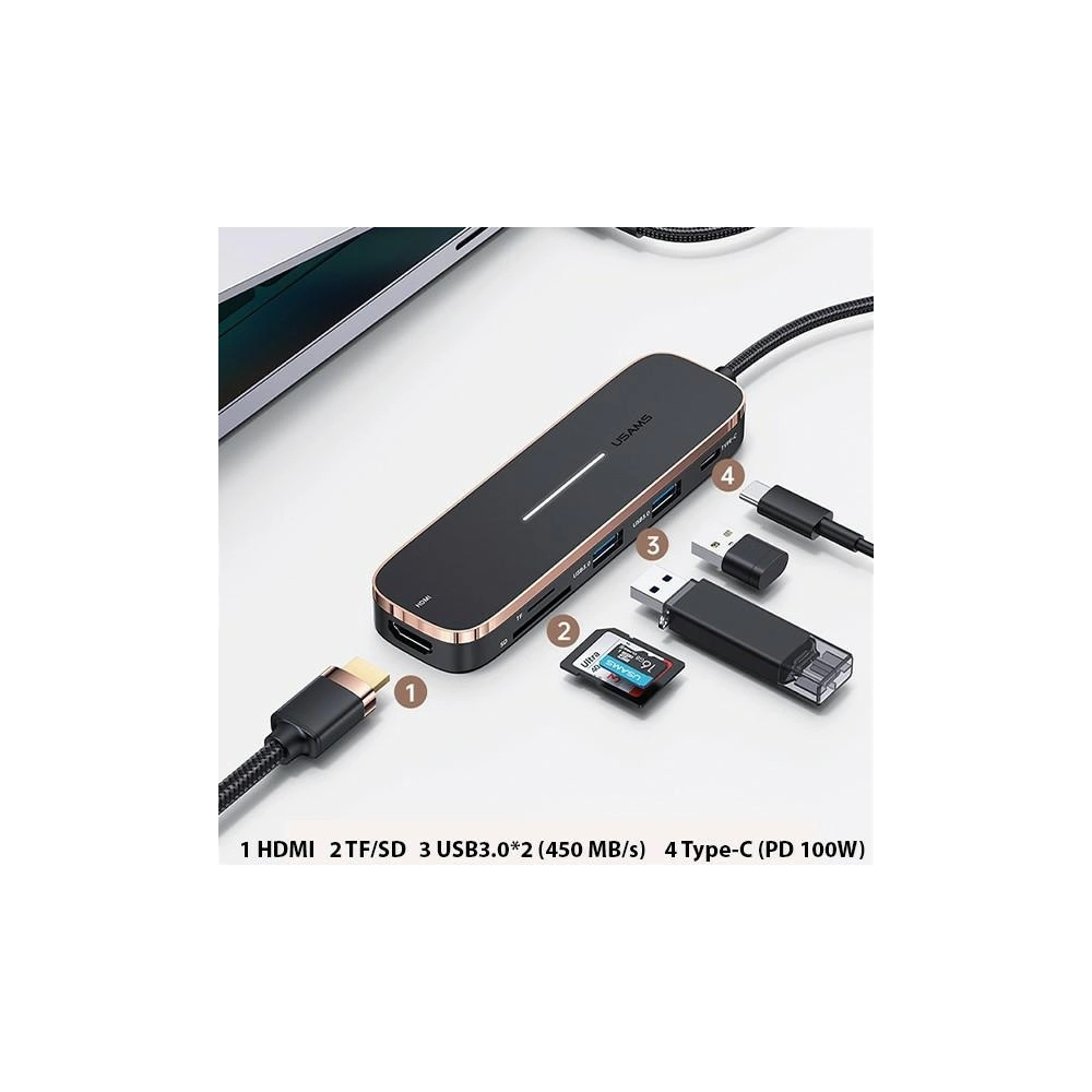 Hurtownia GSM - Hub USAMS 2xUSB/USB-C/HDMI/Micro SD+SD schwarz SJ575HUB01 - USA790 - {ean13} - Hurt