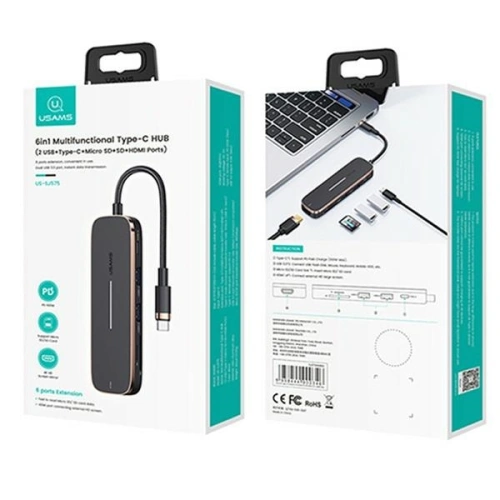 Hub USAMS 2xUSB/USB-C/HDMI/Micro SD+SD czarny/black SJ575HUB01
