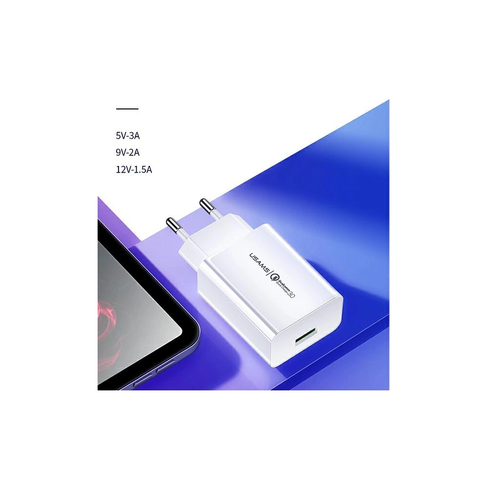 Hurtownia GSM - Încărcător de rețea USAMS T22 1xUSB 18W 3A QC3.0 + cablu USB-C 1m alb/white T48OCLN01 - USA797 - {ean13} - Hurt