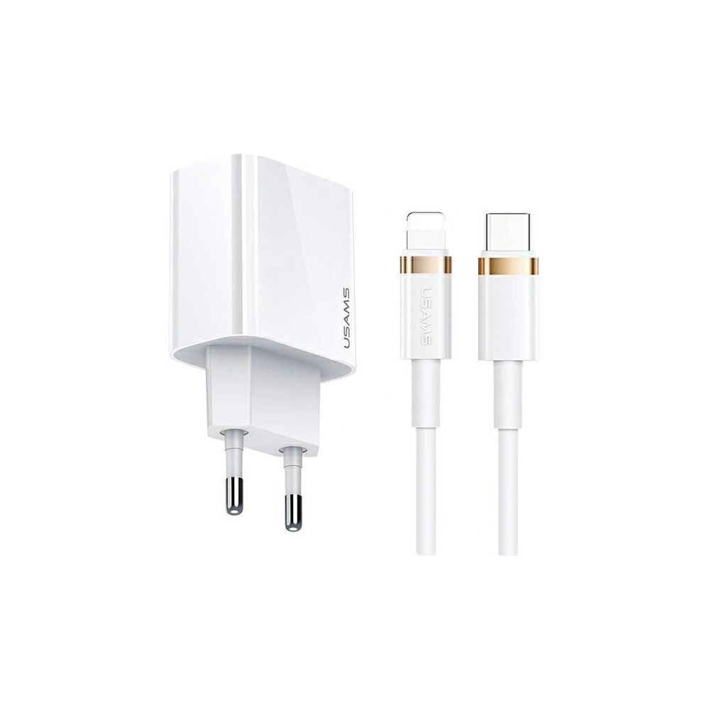 Hurtownia GSM - Síťová nabíječka USAMS T34 1xUSB-C 20W 5V-3A PD3.0 + kabel U63 USB-C/Lightning 20W bílý/white T49OCLN01 - USA798 - {ean13} - Hurt