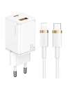 USAMS T43 hálózati töltő 1xUSB-C/1xUSB 33W PD 3.0 + QC 3.0 + U63 USB-C/Lightning kábel fehér/white USKTZ02