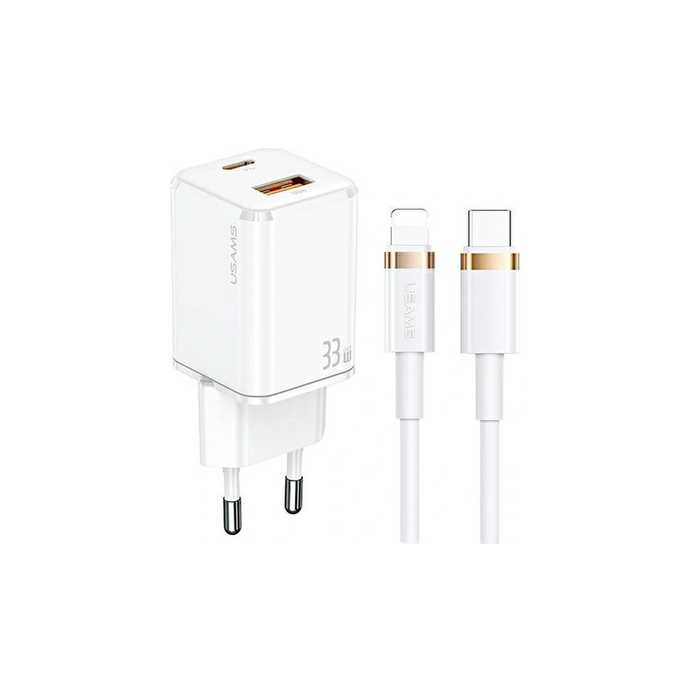 Hurtownia GSM - USAMS T43 hálózati töltő 1xUSB-C/1xUSB 33W PD 3.0 + QC 3.0 + U63 USB-C/Lightning kábel fehér/white USKTZ02 - USA799 - {ean13} - Hurt