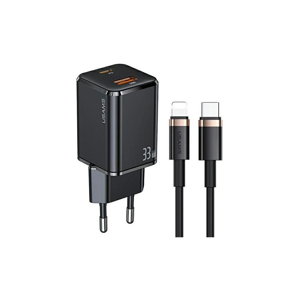 Hurtownia GSM - Síťová nabíječka USAMS T43 1xUSB-C/1xUSB 33W PD 3.0 + QC 3.0 + kabel U63 USB-C/Lightning černý/black USKTZ01 - USA800 - {ean13} - Hurt