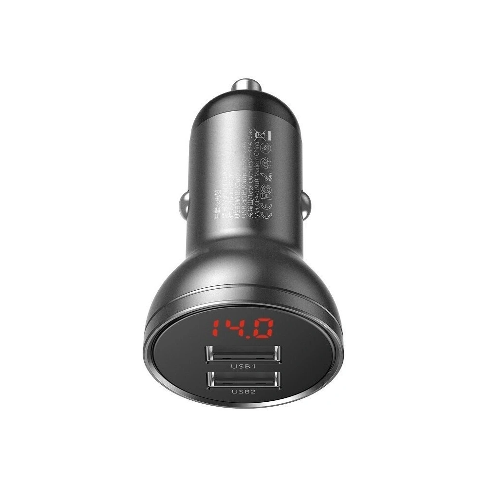 Hurtownia GSM - Auto nabíječka Baseus s digitálním displejem, duální USB 4.8A, 24W, šedá - BSU089GRY - {ean13} - Hurt