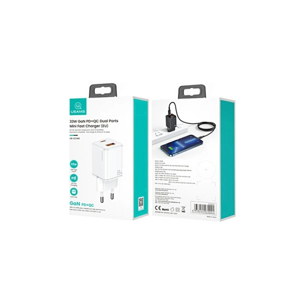 Hurtownia GSM - Síťová nabíječka USAMS T43 1xUSB-C+1xUSB 33W PD3.0 +QC3.0 Rychlé nabíjení černá/black CC144TC01 - USA545BLK - {ean13} - Hurt