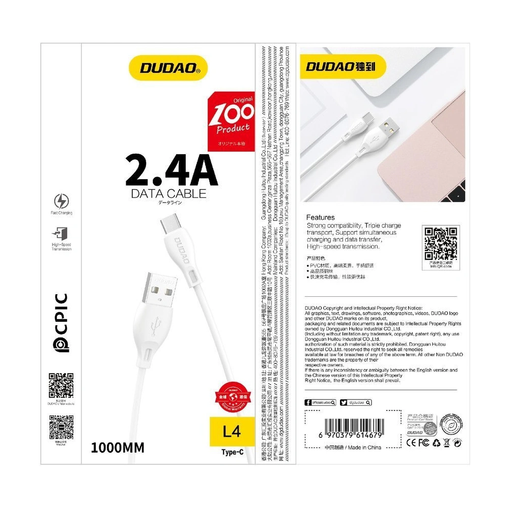 Hurtownia GSM - Kabel Dudao USB/Lightning 2.4A 1m weiß (L4L) - DDA16 - {ean13} - Hurt