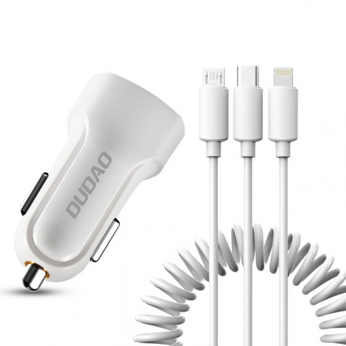 Dudao Distributor - 6970379614556 - DDA24 - Dudao car kit charger 2x USB 2.4A + cable USB 3in1 Lightning / Type C / micro USB cable white (R7 white) - B2B homescreen