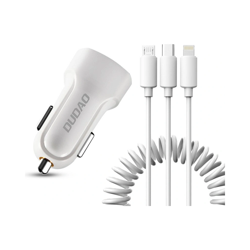 Hurtownia GSM - Auto nabíječka Dudao 2x USB 2.4A + USB kabel 3w1 Lightning/USB-C/microUSB bílá (R7) - DDA24 - {ean13} - Hurt