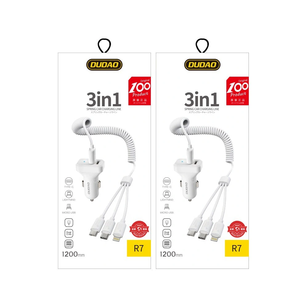 Hurtownia GSM - Auto nabíječka Dudao 2x USB 2.4A + USB kabel 3w1 Lightning/USB-C/microUSB bílá (R7) - DDA24 - {ean13} - Hurt