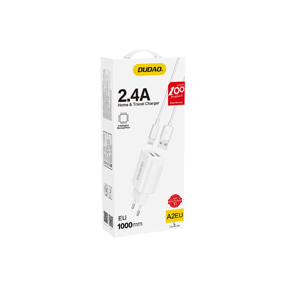 Hurtownia GSM - Încărcător de rețea Dudao 2x USB 5V/2.4A + cablu Lightning alb (A2EU) - DDA28 - {ean13} - Hurt