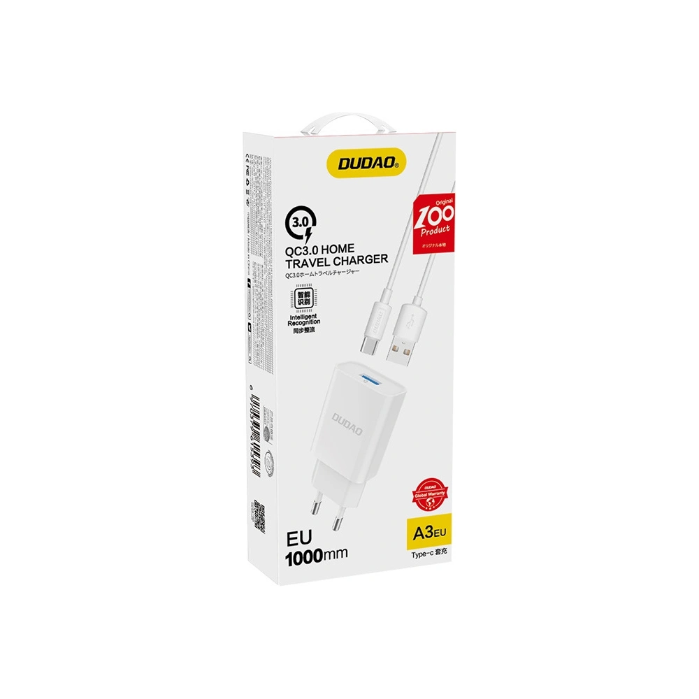Hurtownia GSM - Ładowarka sieciowa Dudao USB 5V/2.4A QC3.0 Quick Charge 3.0 + kabel USB-C biały (A3EU + Type-c white) - DDA33 - {ean13} - Hurt