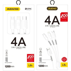 Kabel Dudao 3w1 USB - Lightning/USB-C/microUSB 1.2m 4A biały (L8s)