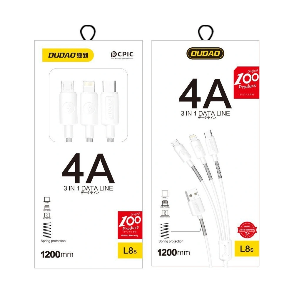 Hurtownia GSM - Kabel Dudao 3w1 USB - Lightning/USB-C/microUSB 1.2m 4A bílý (L8s) - DDA42 - {ean13} - Hurt